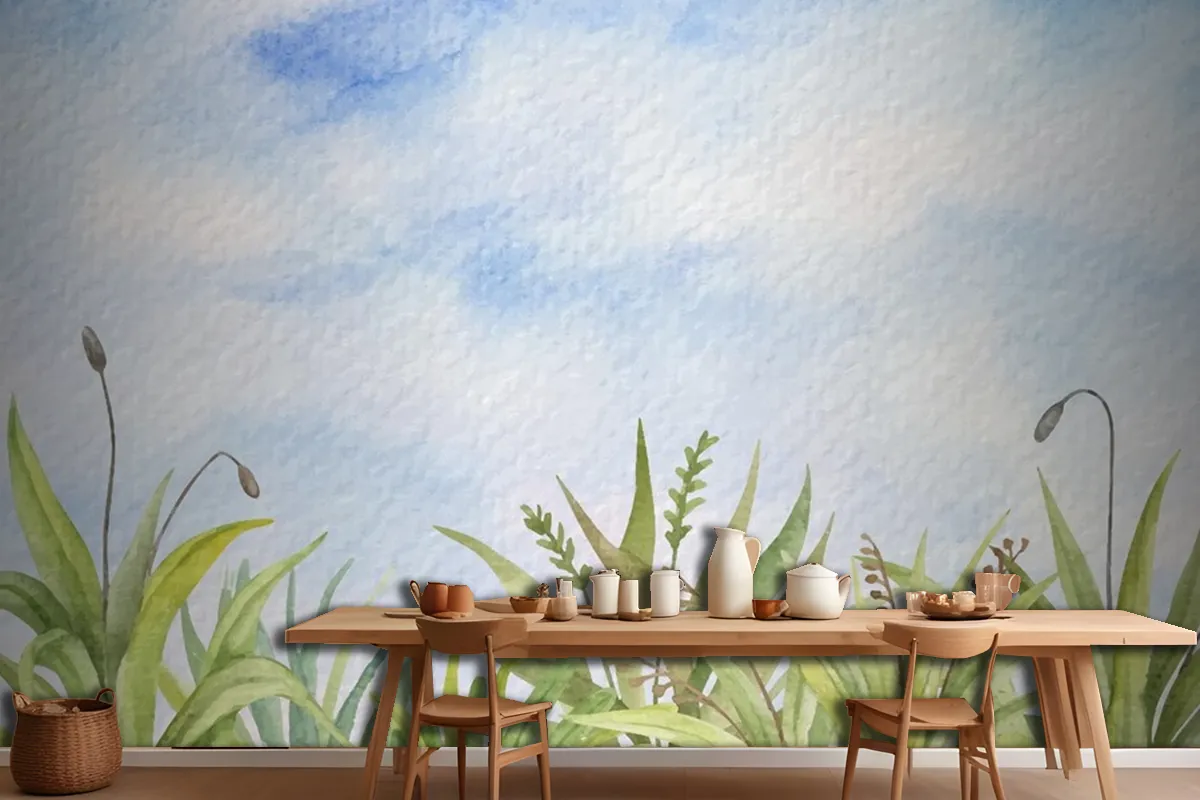 Hand Painted Watercolor Summer Landscape Wallpaper Mural