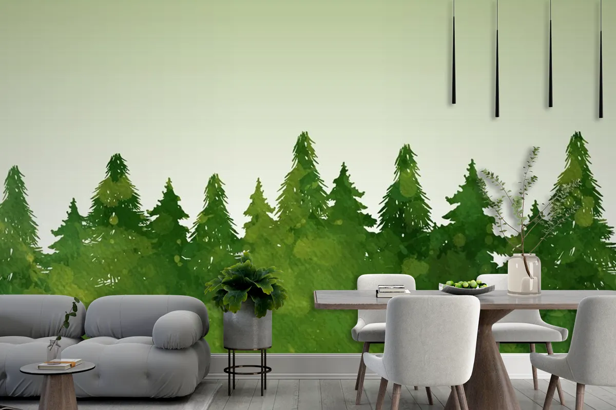 Hand Painted Watercolour Tree Landscape Nature Design Wallpaper Mural