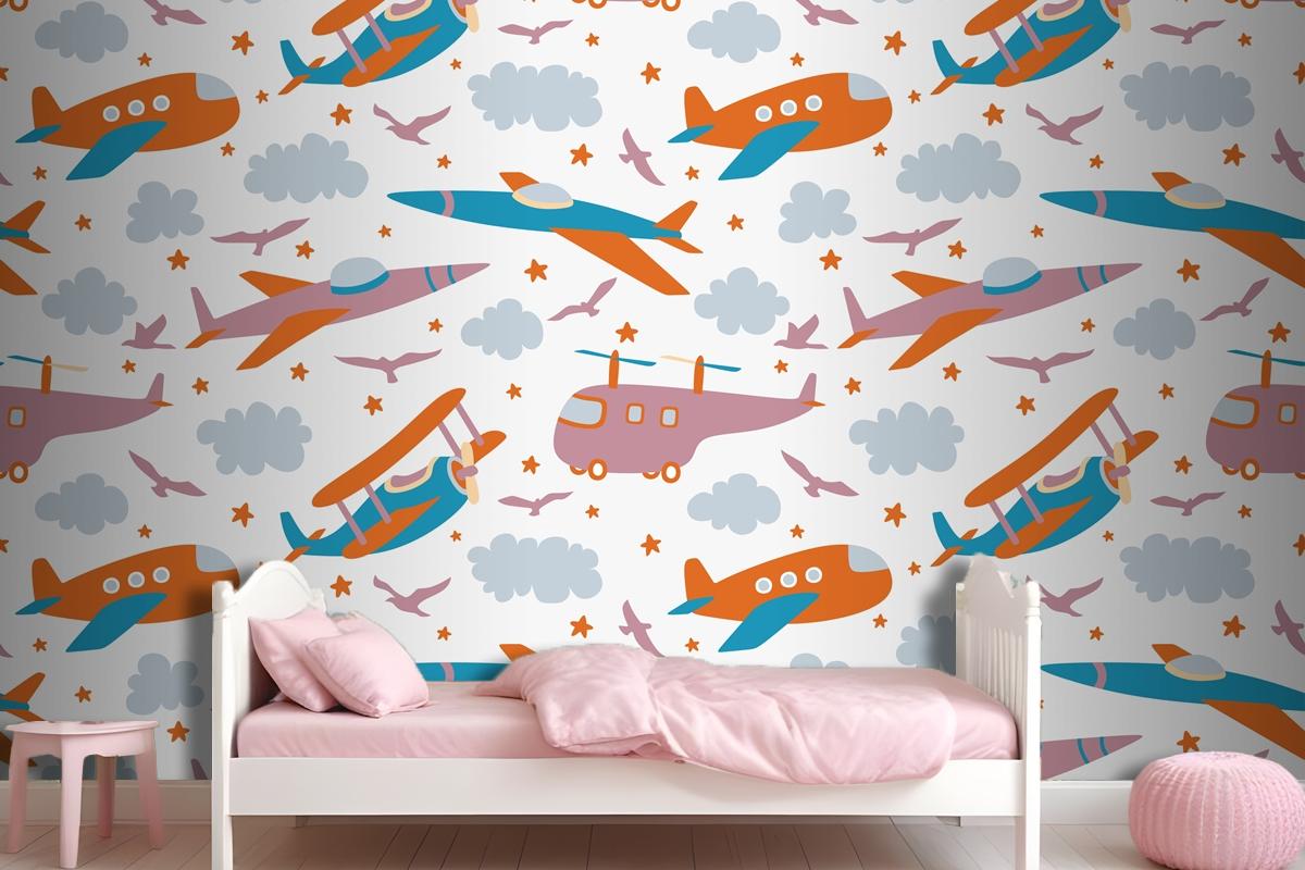 Hipster Doodles Colorful Seamless Pattern With Plane Drawing Wallpaper Mural