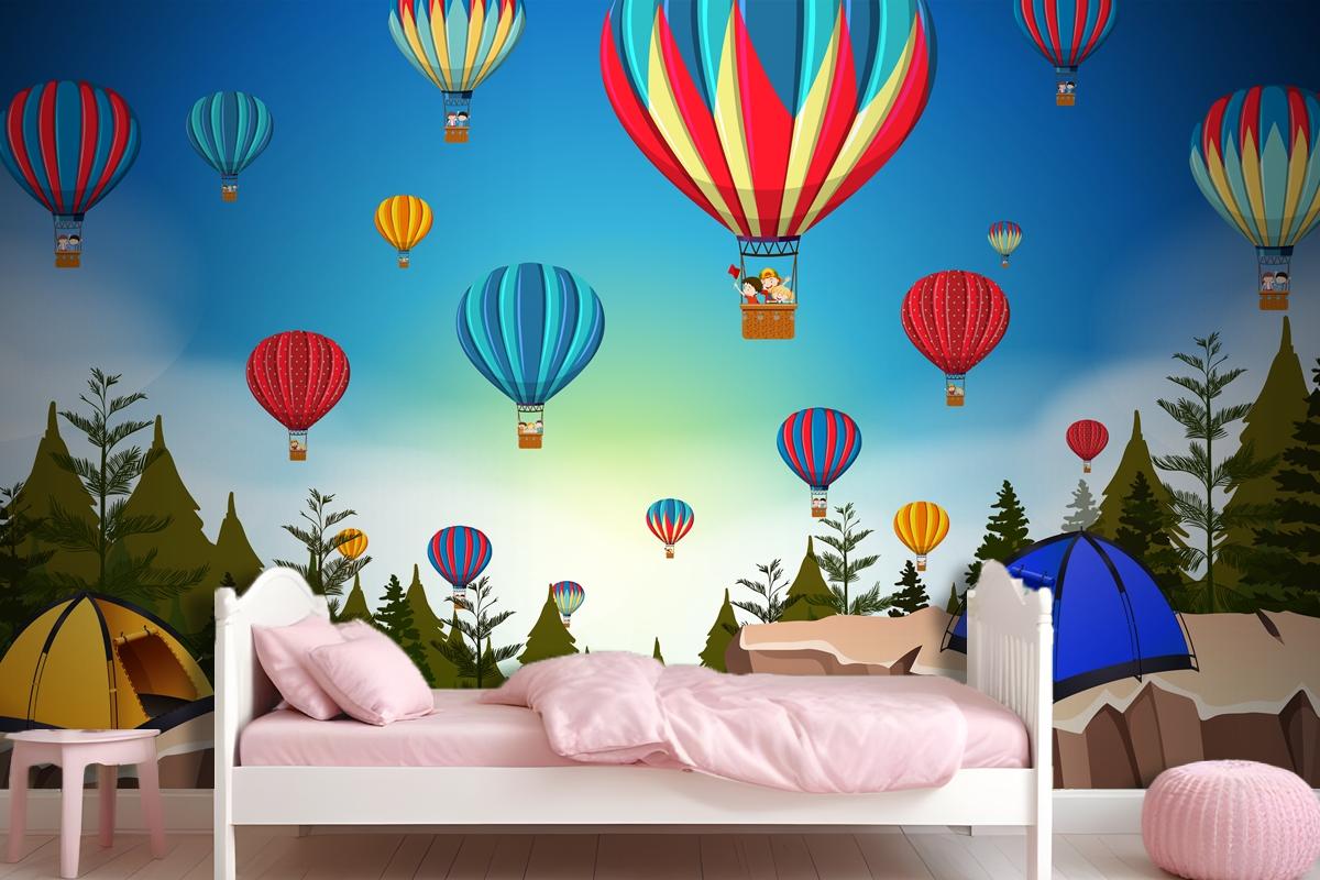 Hot Air Balloon In Nature Landscape Wallpaper Mural