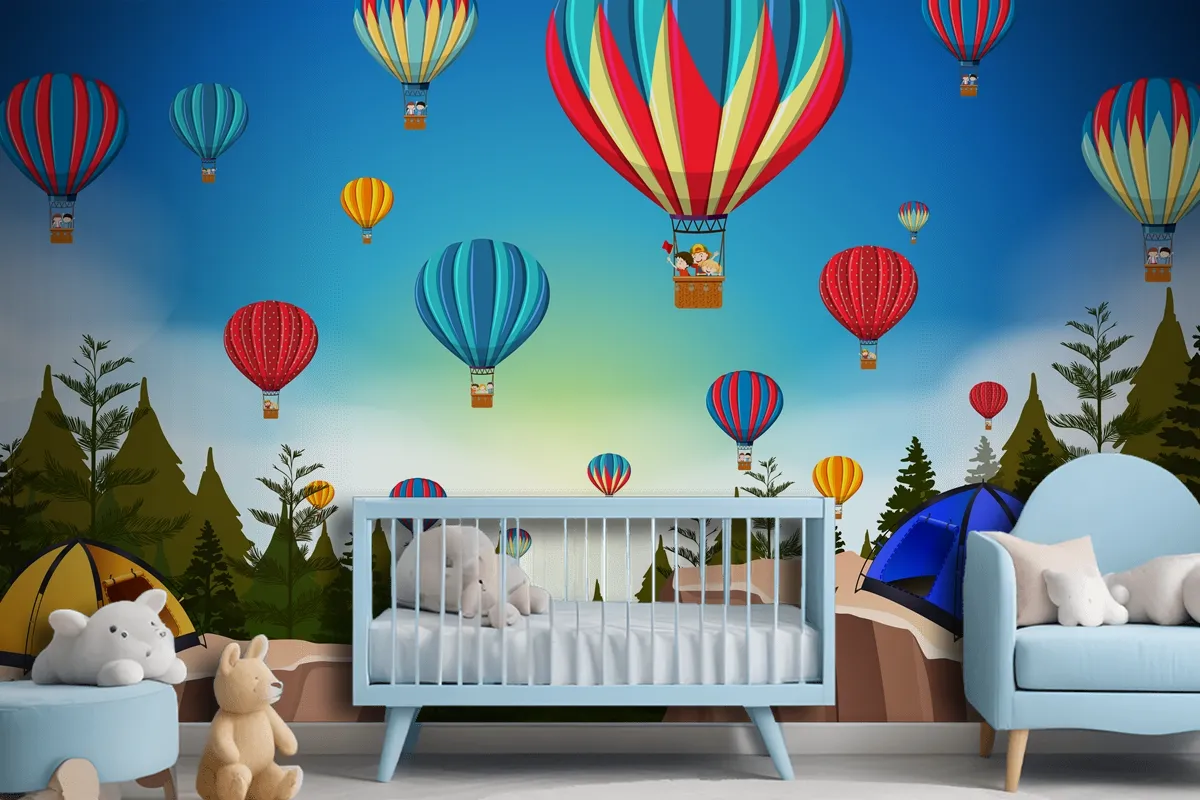 Hot Air Balloon In Nature Landscape Wallpaper Mural