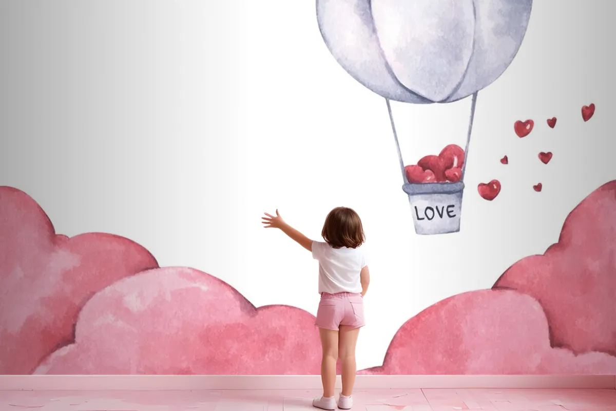 Hot Air Balloon With Heart Float On The Sky Wallpaper Mural