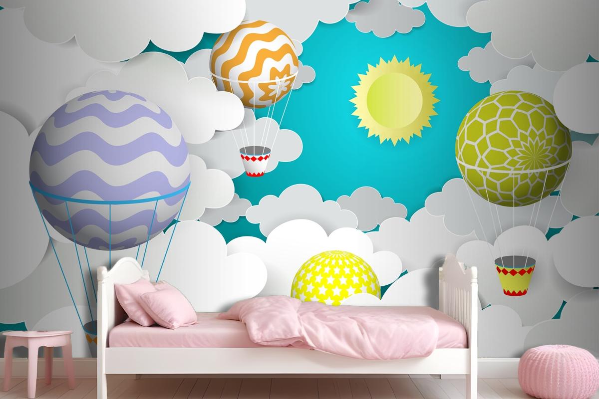 Hot Air Balloons In The Sky Paper Art Style Wallpaper Mural