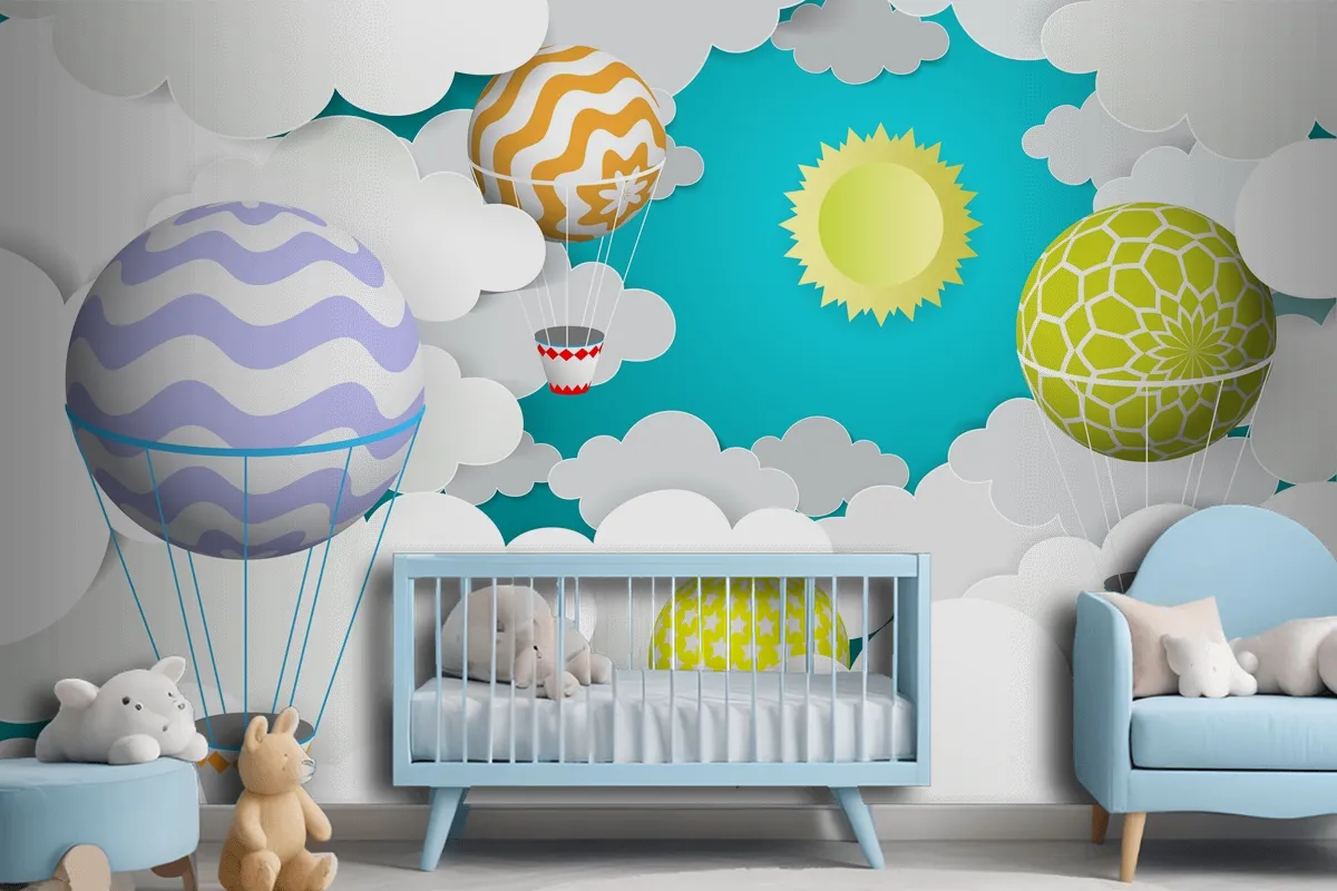 Hot Air Balloons In The Sky Paper Art Style Wallpaper Mural