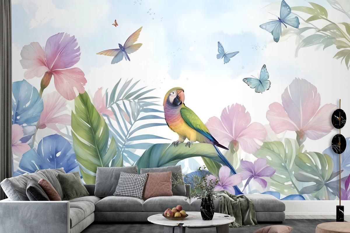 Hydrangea And Peony With Parrot Wallpaper Mural