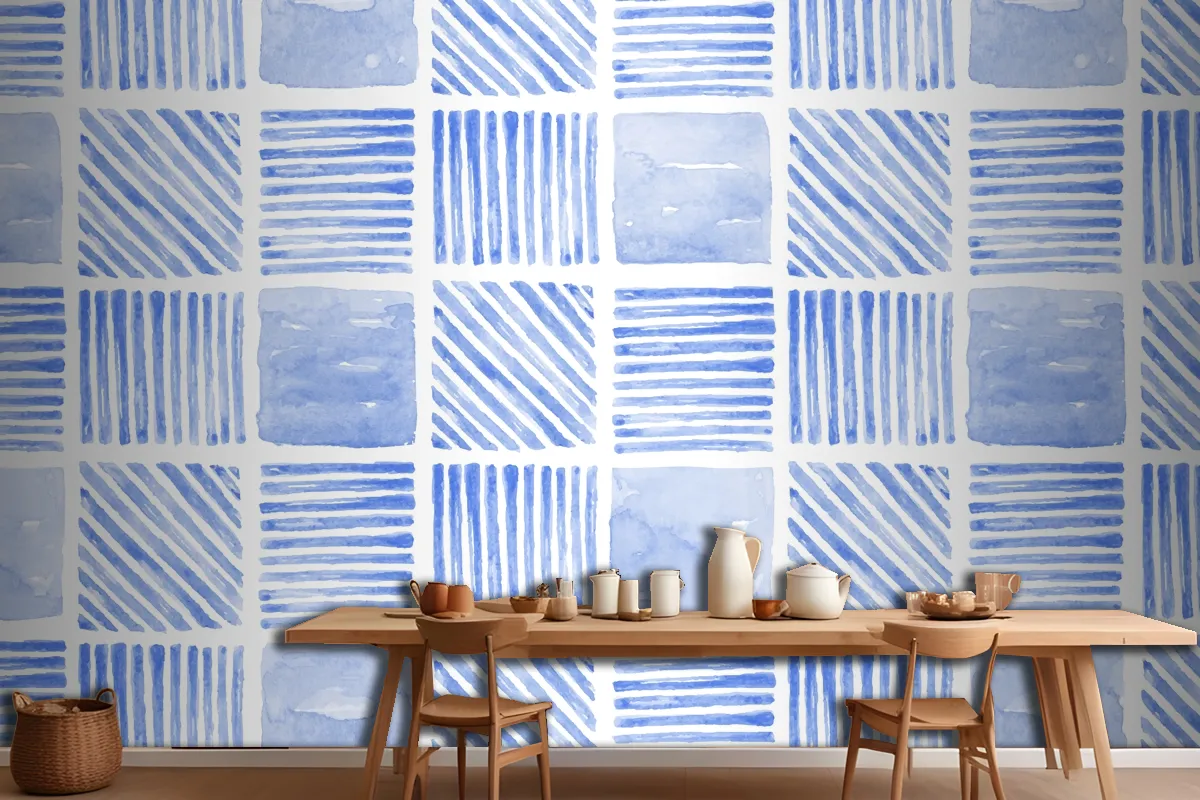 Indigo Blue Watercolor Geometric Seamless Patterned Wallpaper Mural