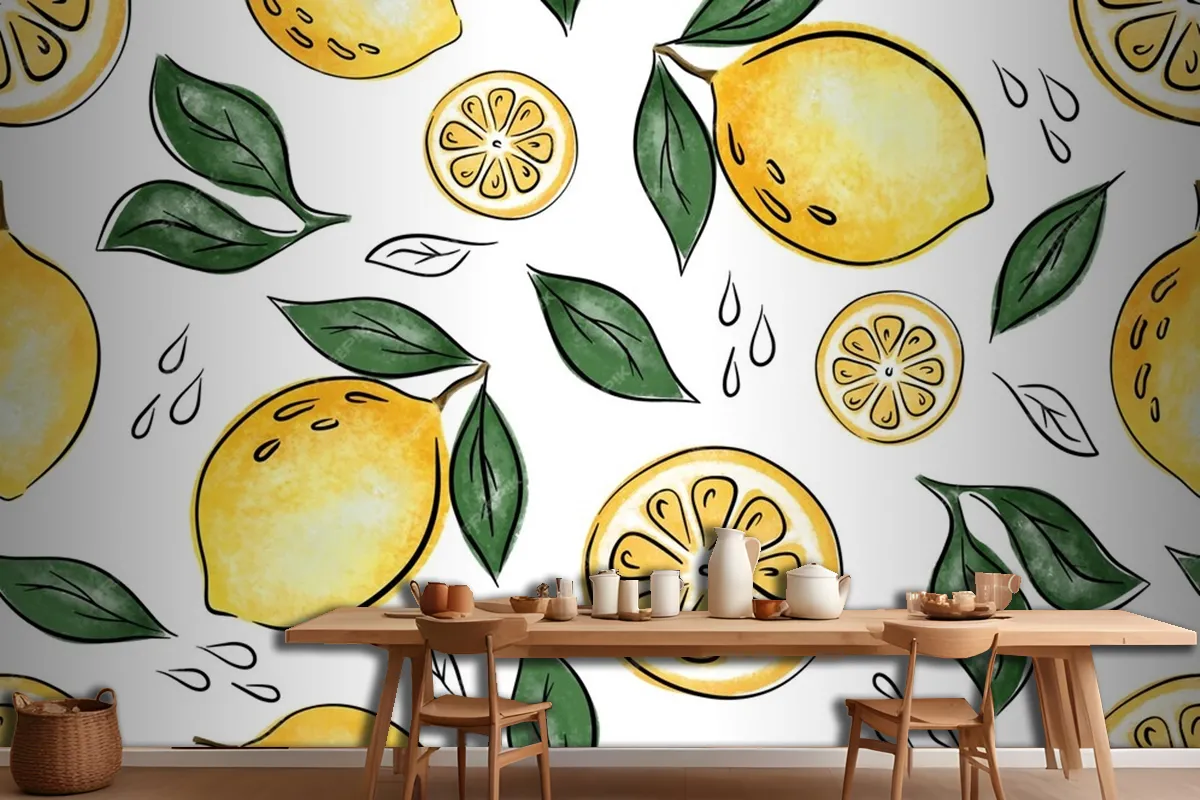 Juicy Seamless Pattern With Lemons And Leaves Wallpaper Mural