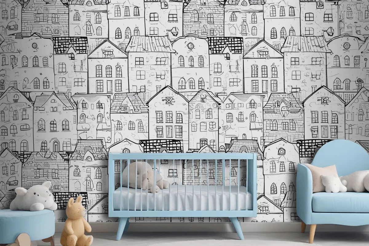 Kids Black And White Sketch House Wallpaper Mural