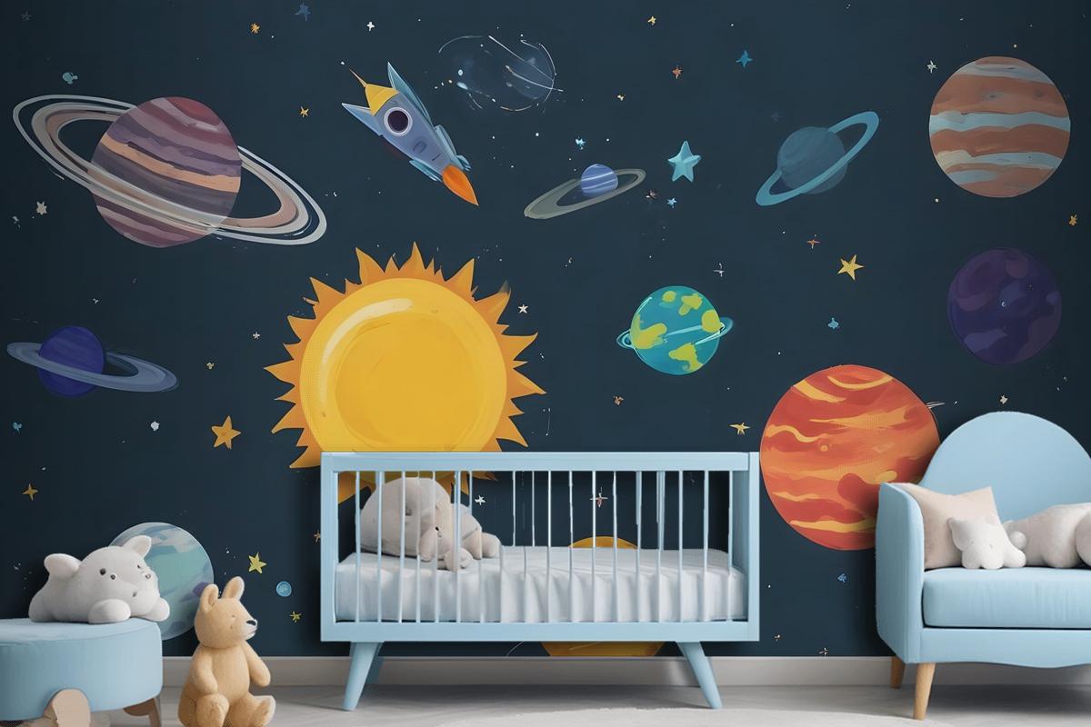 Kids Boys Watercolor Space And Solar System Wallpaper Mural