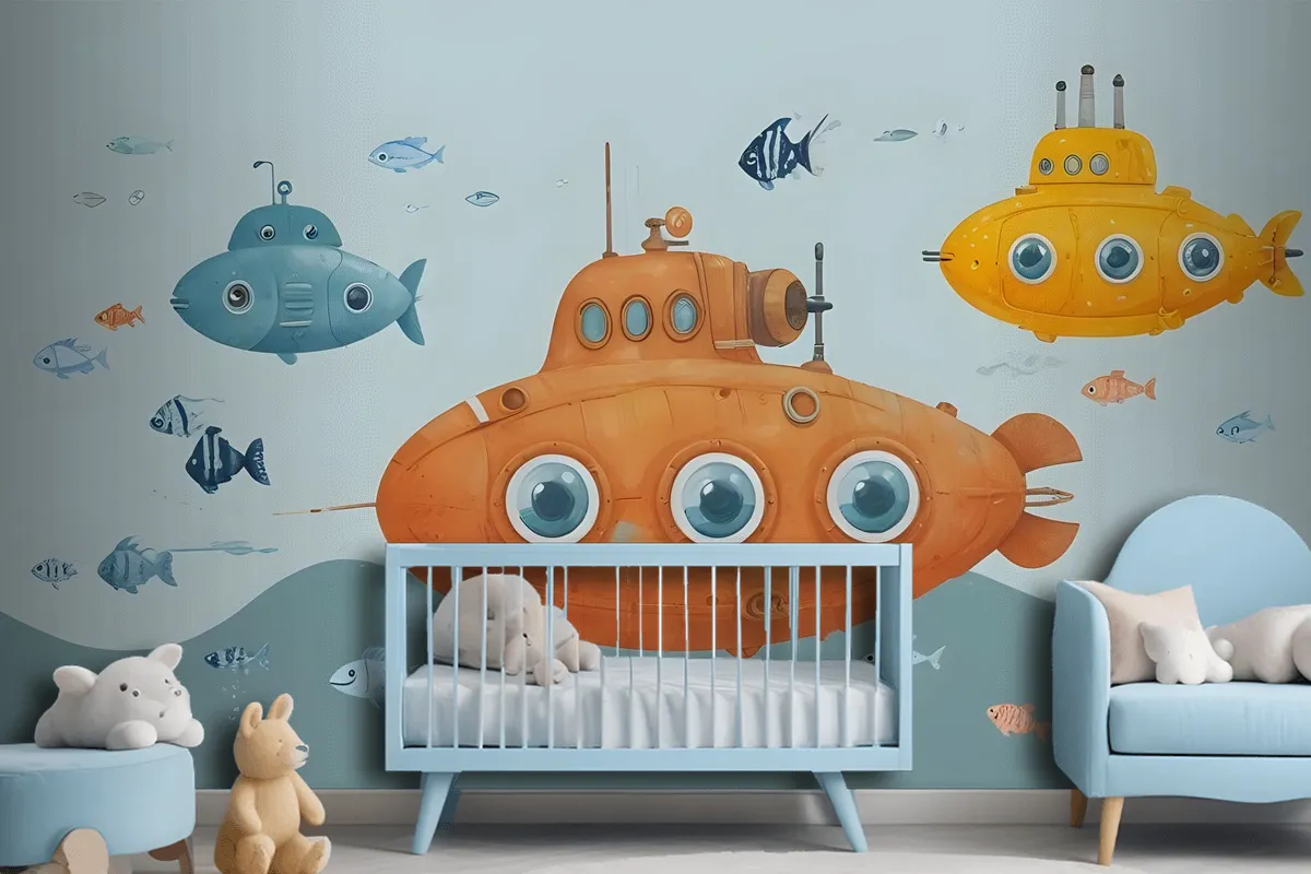 Kids Boys Watercolor Underwater With Submarine Wallpaper Mural