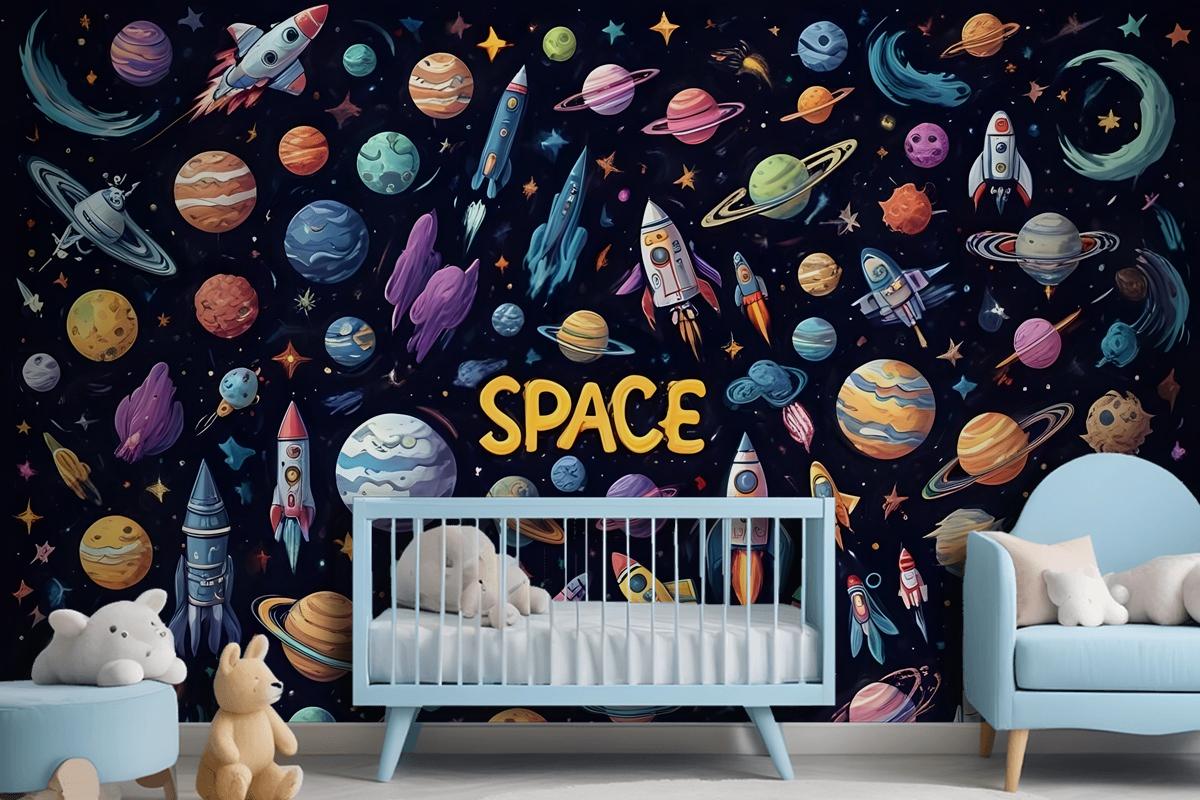 Kids Cartoon Space With Astronaut And Colorful Planets Wallpaper Mural