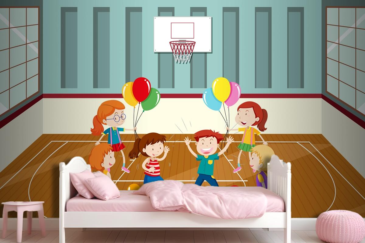 Kids Doing Physical Activity With Balloons Wallpaper Mural