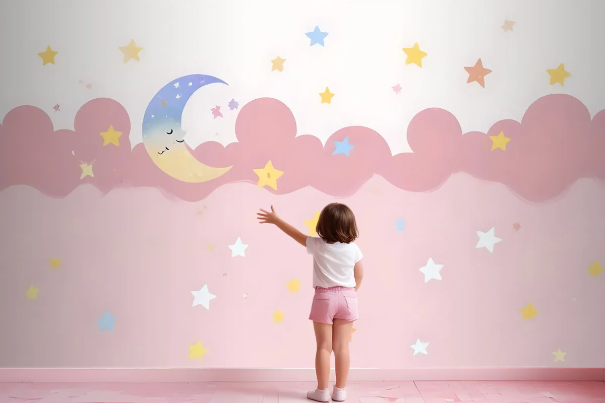 Kids Girls Pink Night With Sleeping Moon Wallpaper Mural