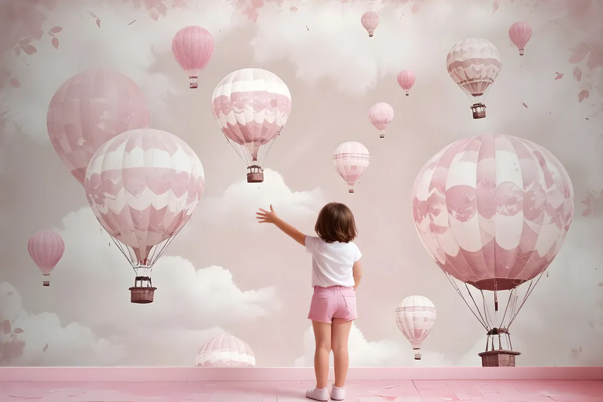 Kids Girls Pink Sky Of Hot Air Balloon Wallpaper Mural