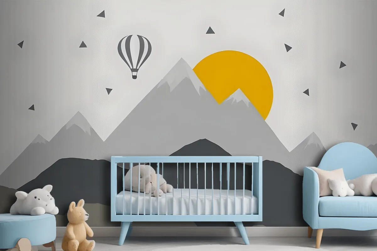 Kids Gray Geometric Mountainscape And Hot Air Balloon Wallpaper Mural