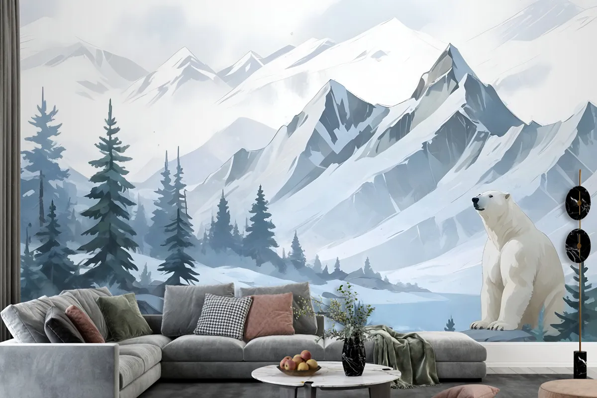 Kids Mountain Landscape With Cartoon Bear Wallpaper Mural