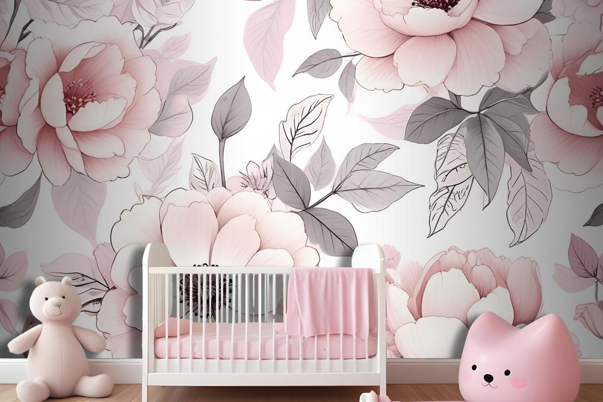 Kids Nursery Floral Pink Rose Pattern Wallpaper Mural