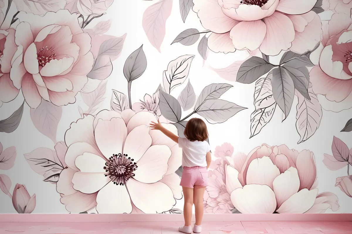 Kids Nursery Floral Pink Rose Pattern Wallpaper Mural