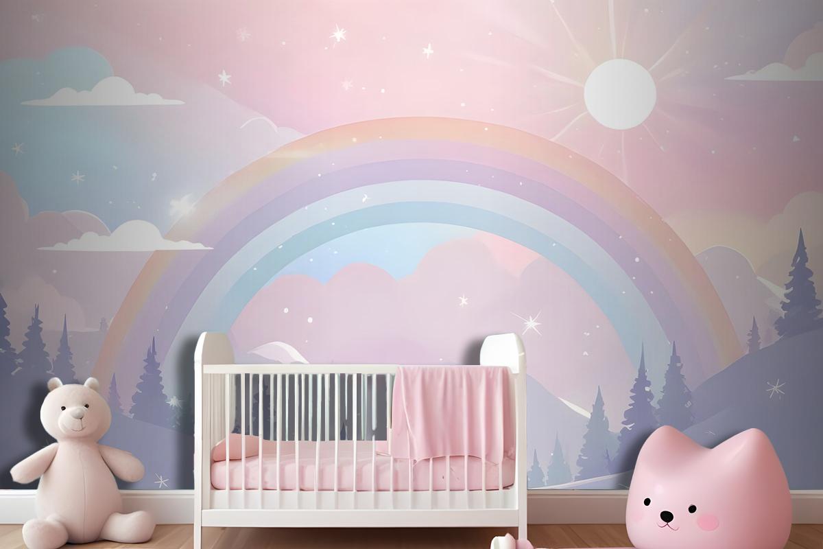 Kids Nursery Rainbow With Colorful Mountains And Shiny Stars Wallpaper Mural