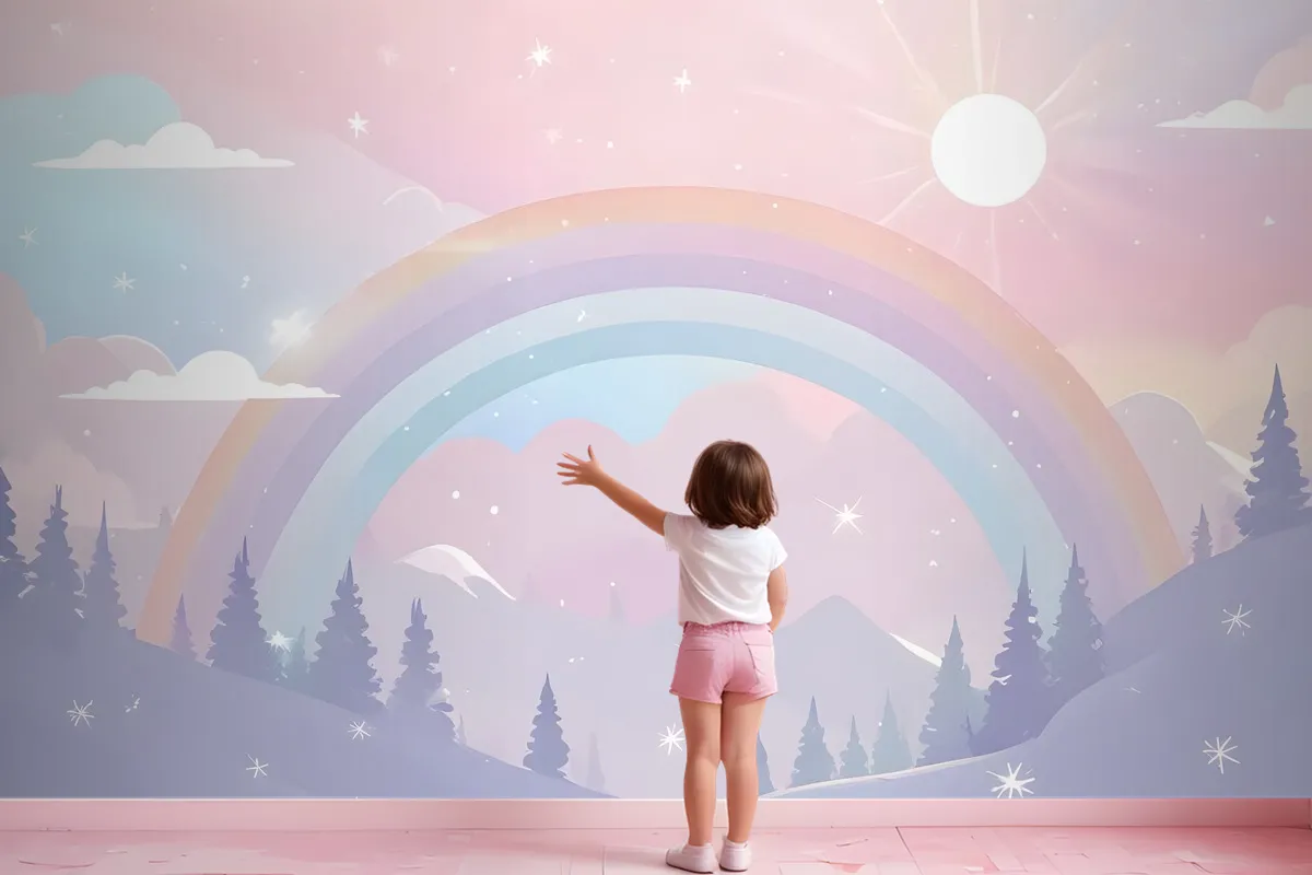 Kids Nursery Rainbow With Colorful Mountains And Shiny Stars Wallpaper Mural