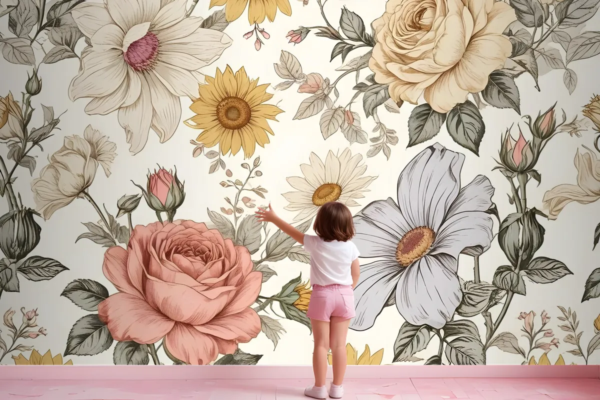 Kids Peony And Daisy Floral Wallpaper Mural