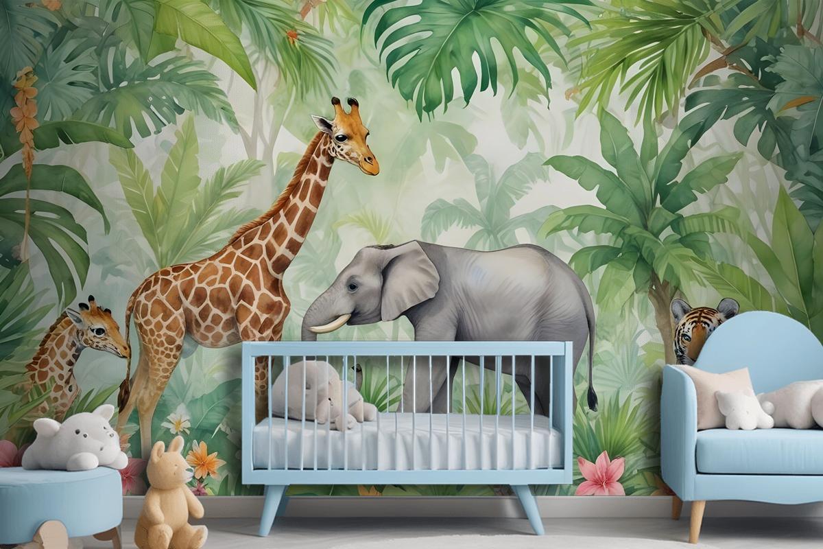 Kids Safari Watercolor Tropical Forest Jungle Animals Wallpaper Mural