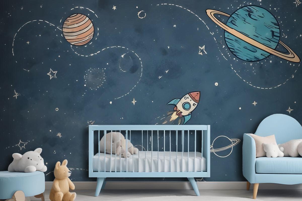 Kids Shining Cartoon Space With White Stripe Wallpaper Mural