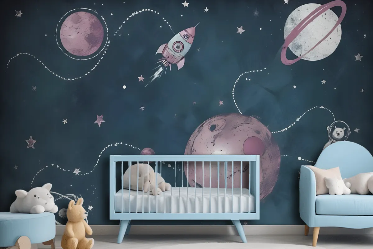 Kids Shining Space With Watercolor Bear Astronaut Wallpaper Mural