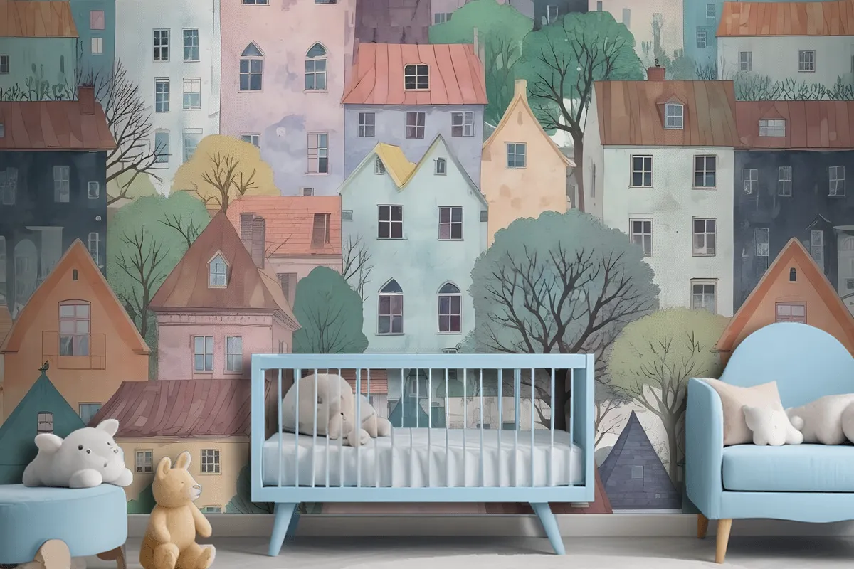 Kids Small Town Cute Watercolor House Wallpaper Mural