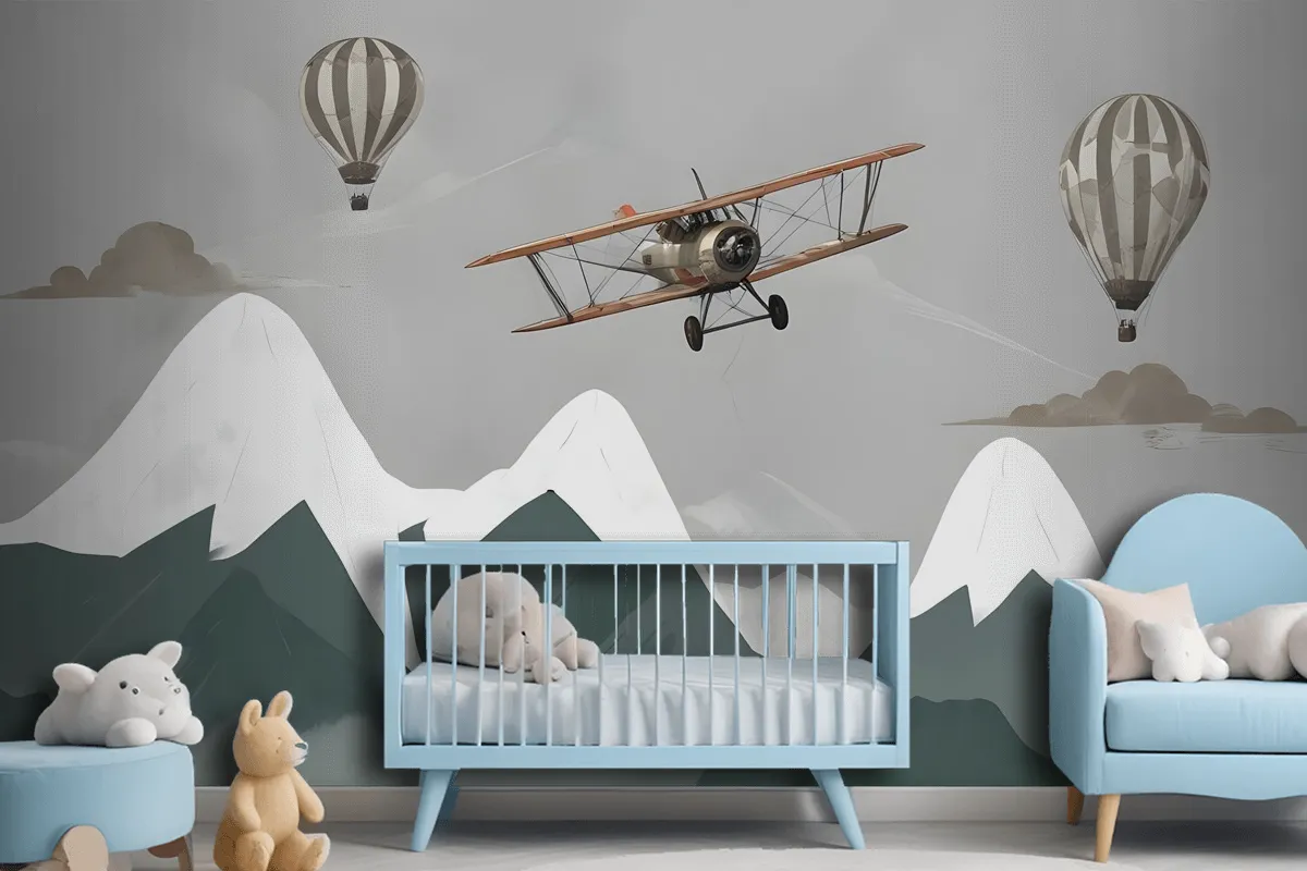 Kids Snowy Mountain With Plane And Balloons Wallpaper Mural