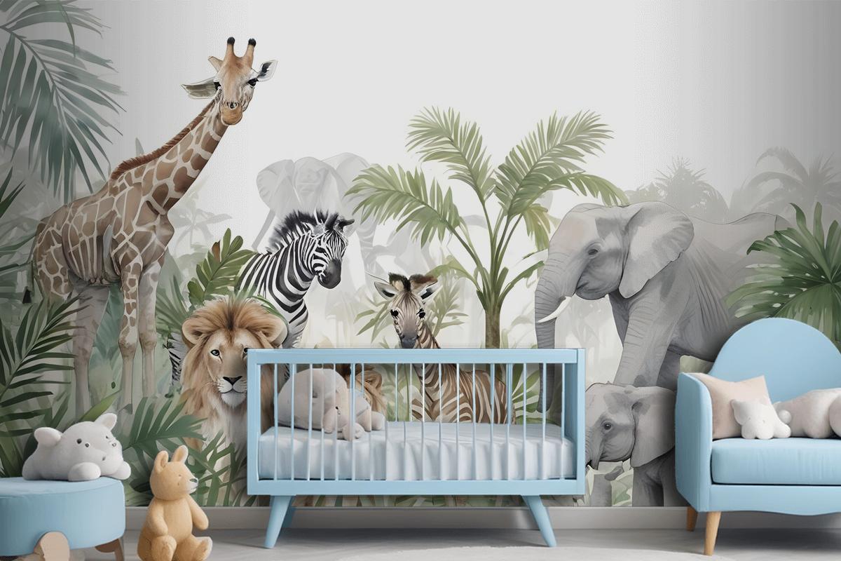 Kids Tropical Animals With Leafs Wallpaper Mural