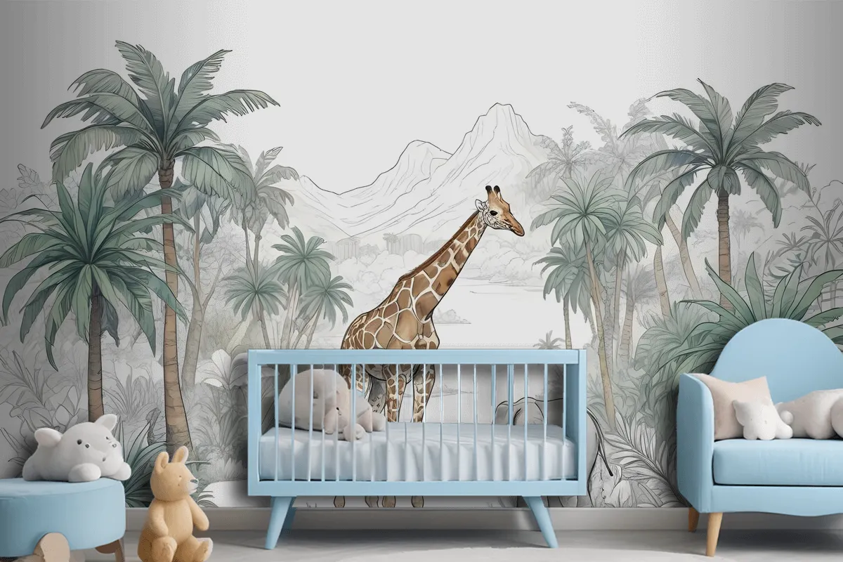 Kids Tropical Animals With Mountain Wallpaper Mural