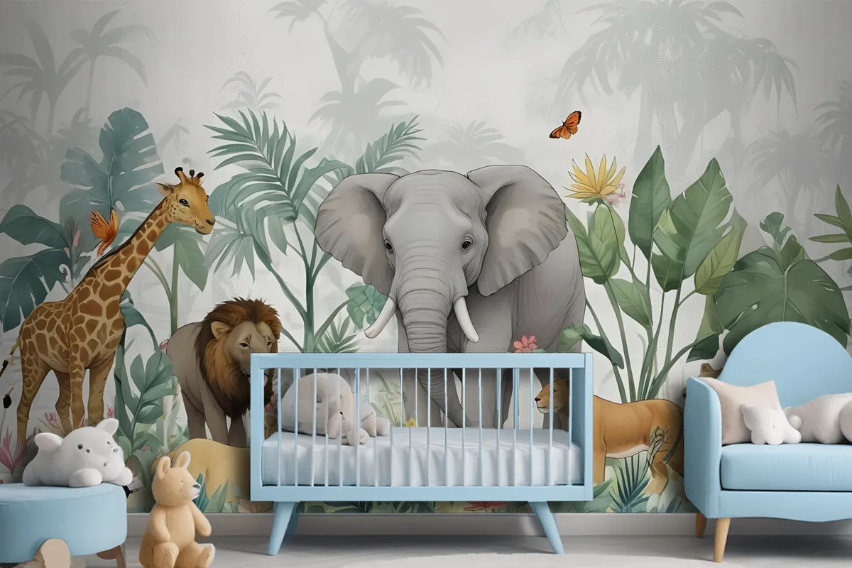 Kids Tropical Safari Animals With Green Leafs Wallpaper Mural