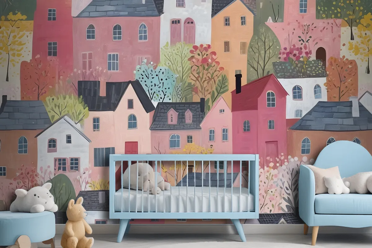 Kids Watercolor Cute Town House Wallpaper Mural