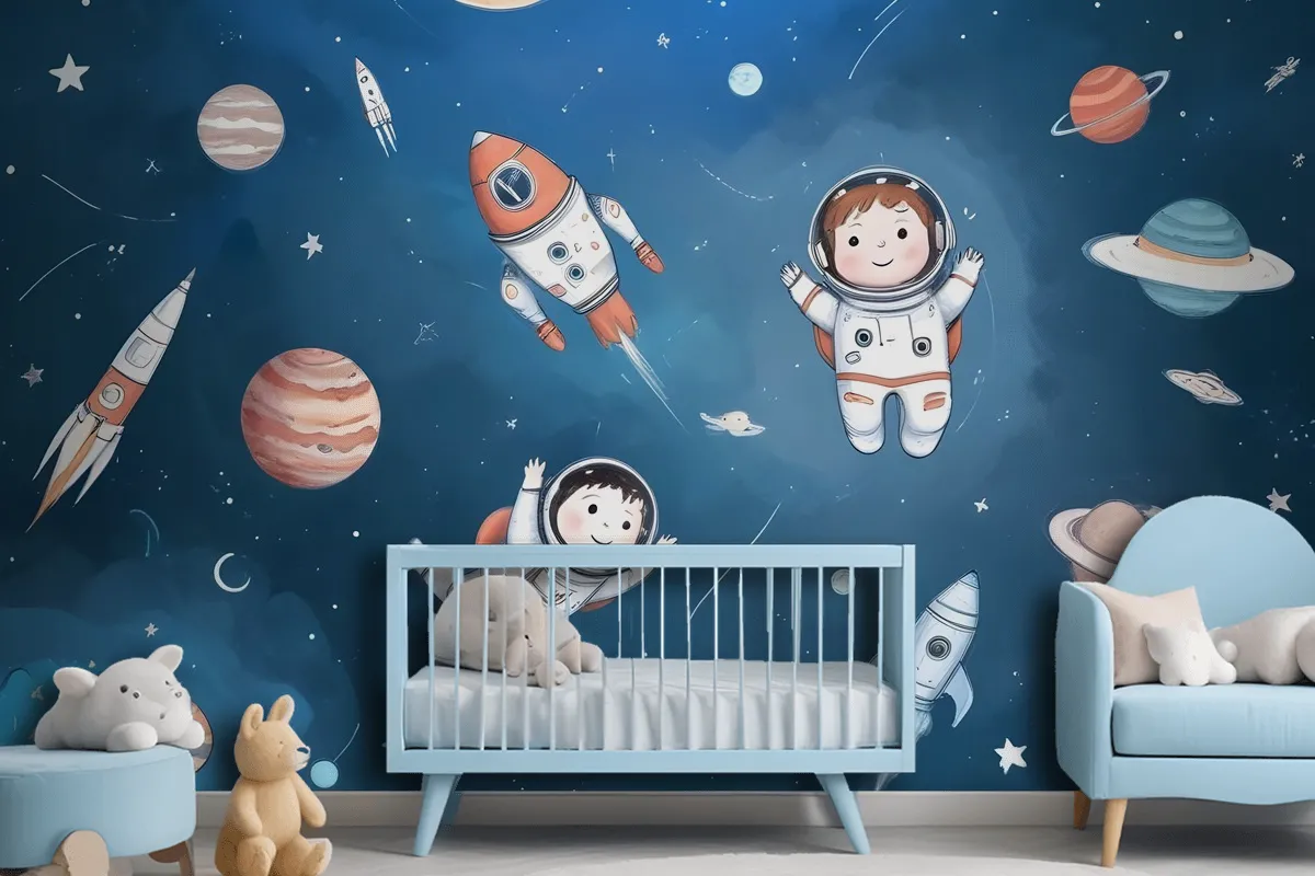 Kids Watercolor Space With Planets Wallpaper Mural