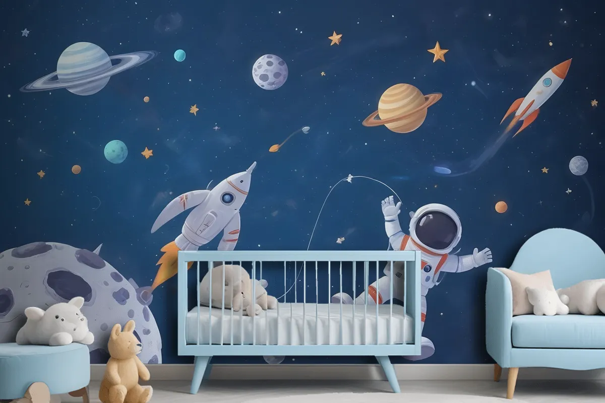 Kids Watercolor Space With Spaceship And Astronaut Wallpaper Mural