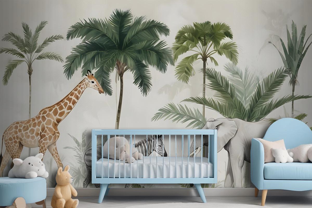 Kids Wild Tropical Animals With Palm Trees Wallpaper Mural