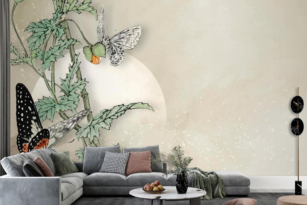 Leafy Butterfly Frame Design Wallpaper Mural