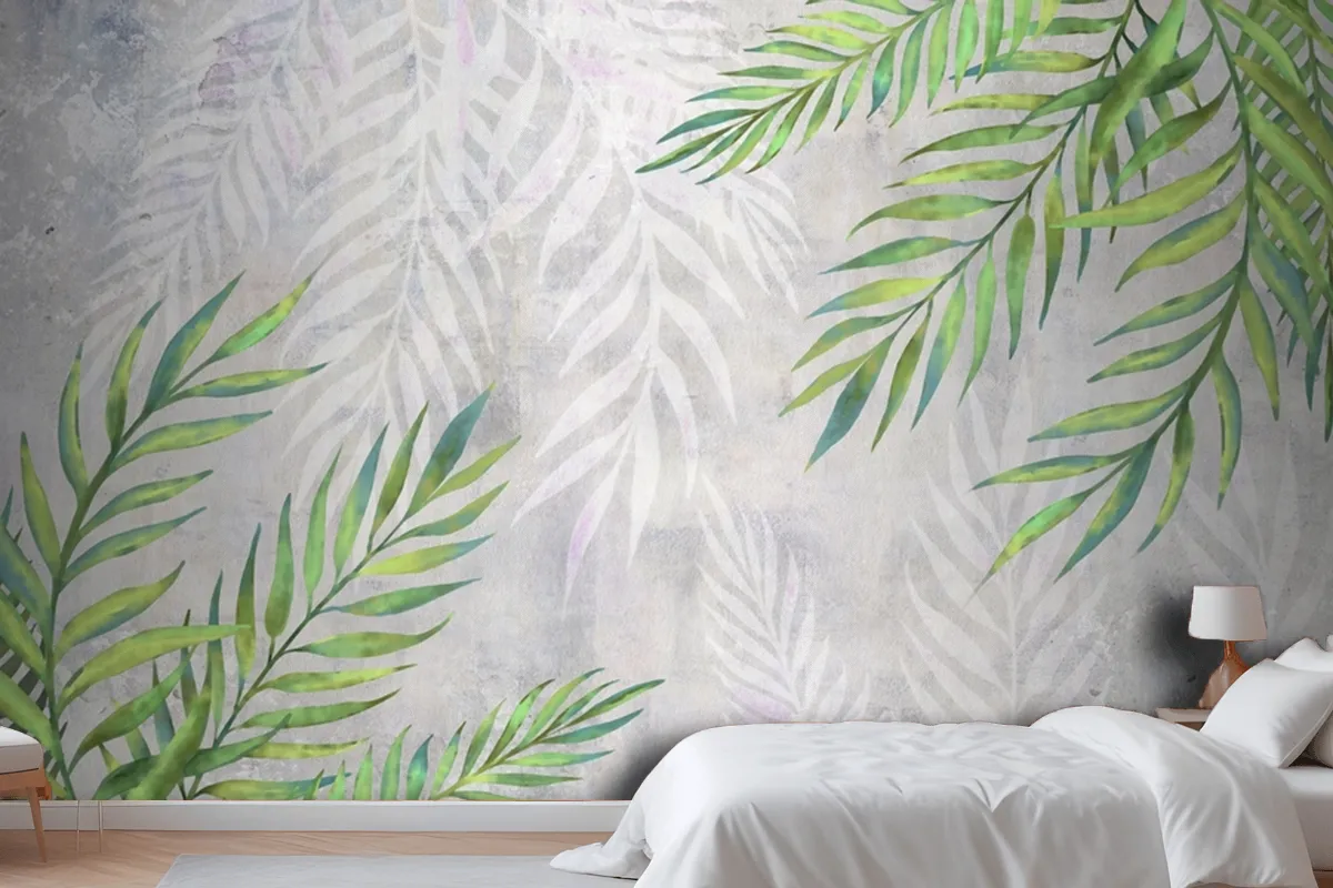 Leaves In The Corners On A Light Textured Wallpaper Mural