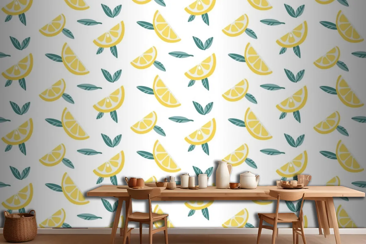 Lemon Fruit Slices With Leaves Seamless Pattern  Wallpaper Mural