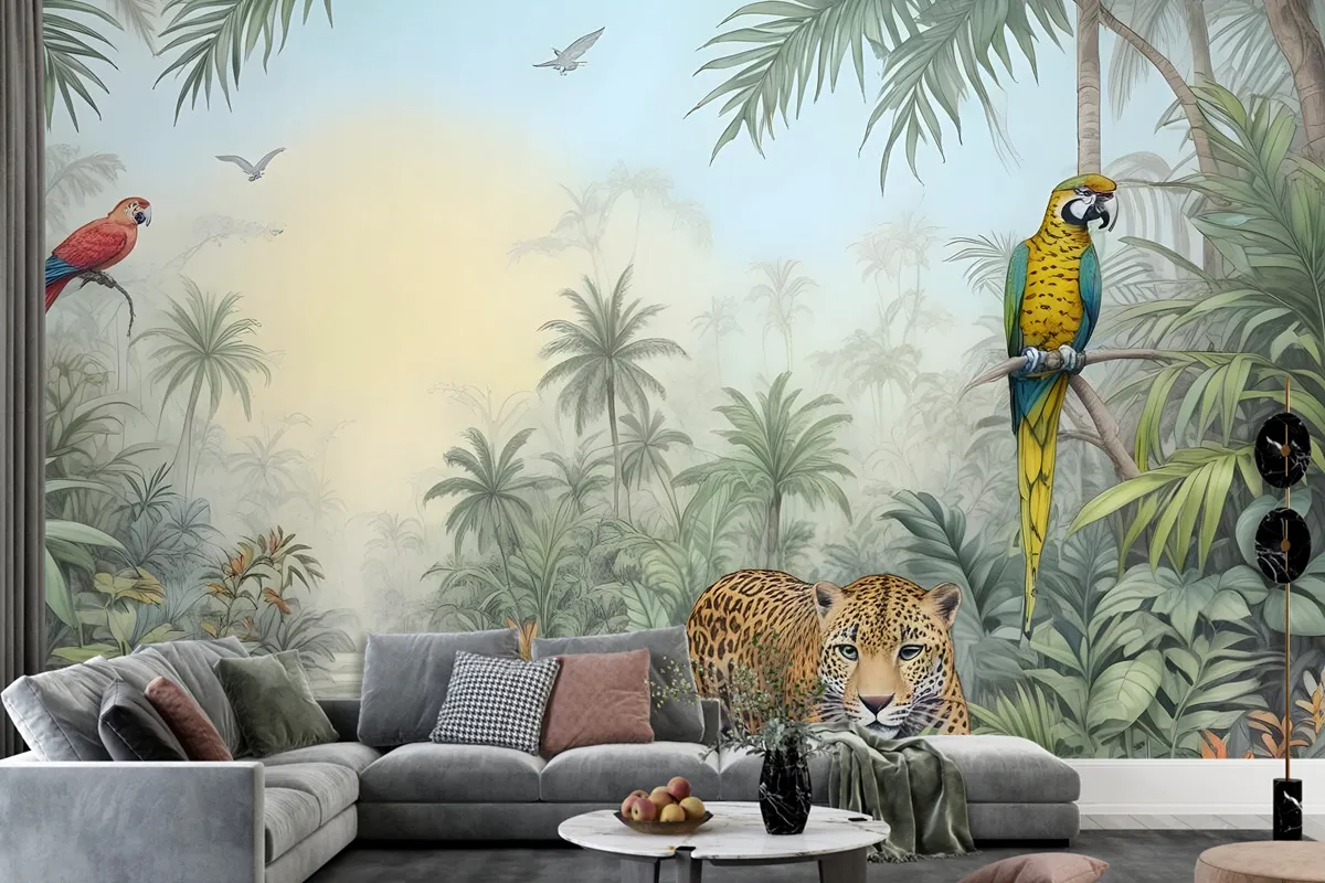 Leopard And Colorful Parrot In The Tropical Forest Wallpaper Mural