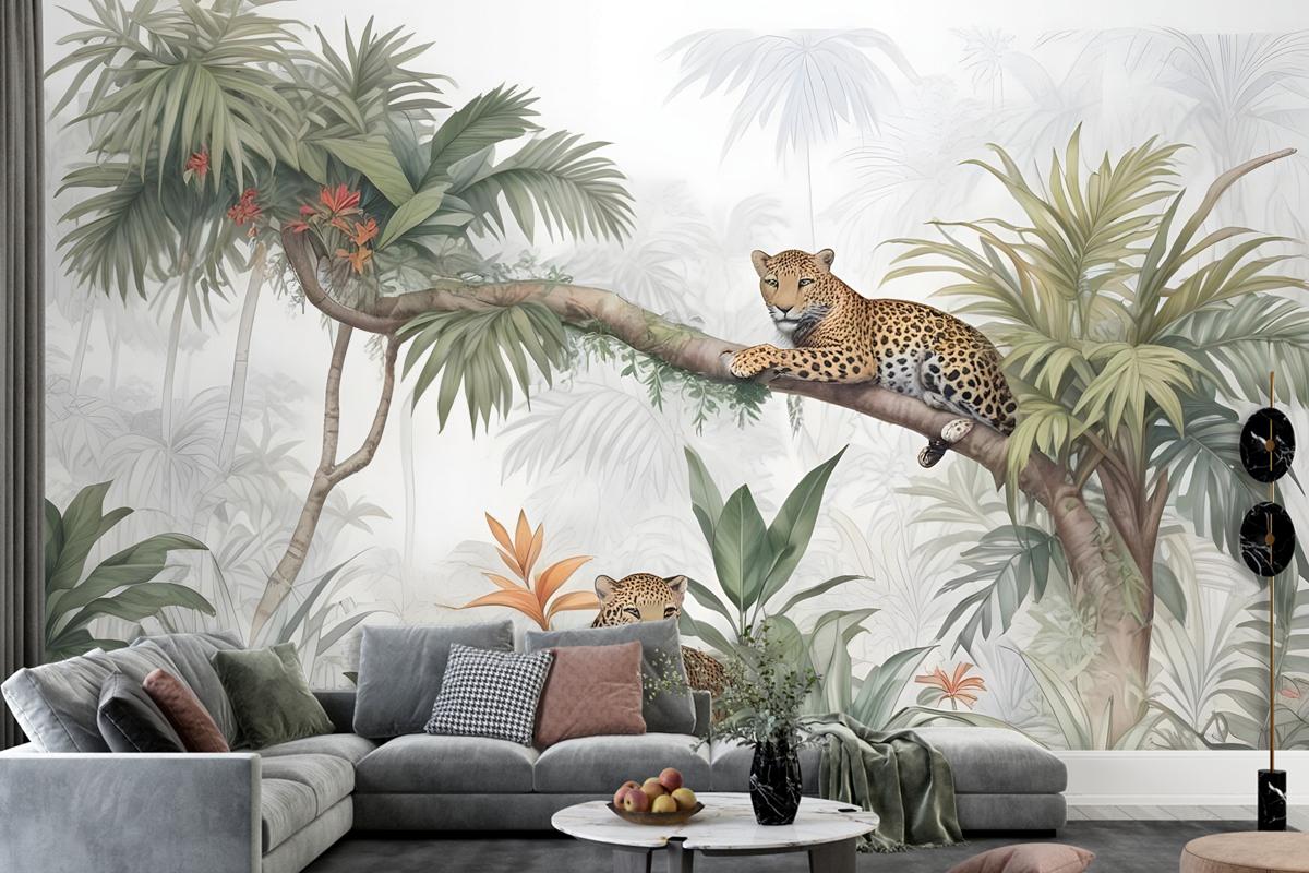 Leopards And Tropical Leaves Wallpaper Mural