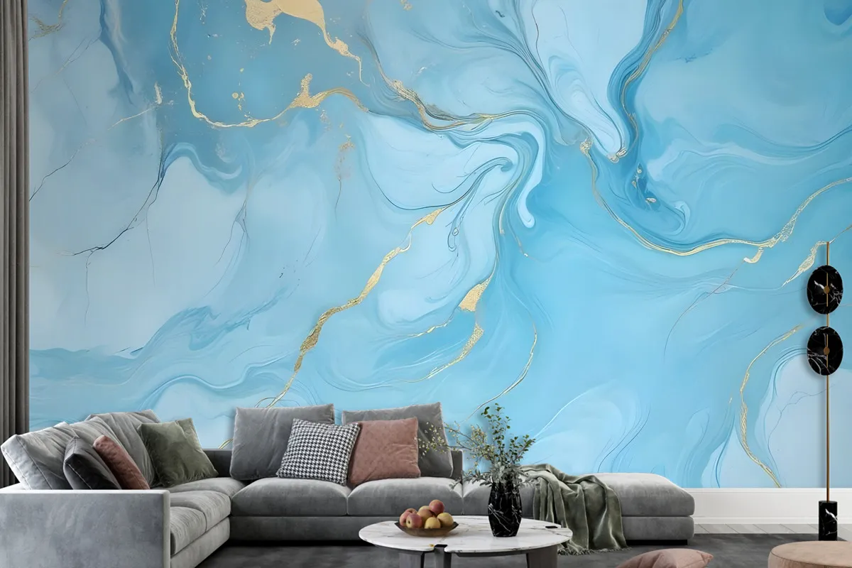 Light Blue Marble With Gold Look Splash Wallpaper Mural