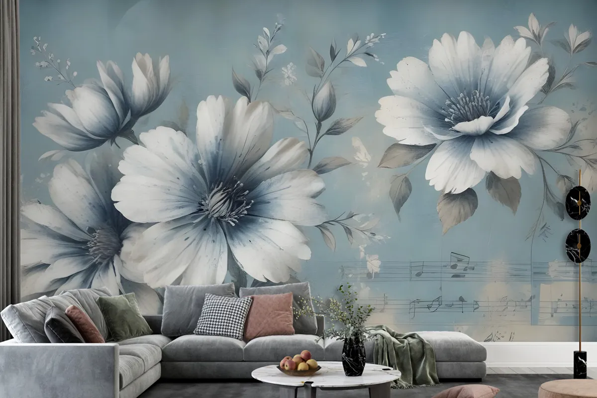 Light Floral With Music Notes Wallpaper Mural