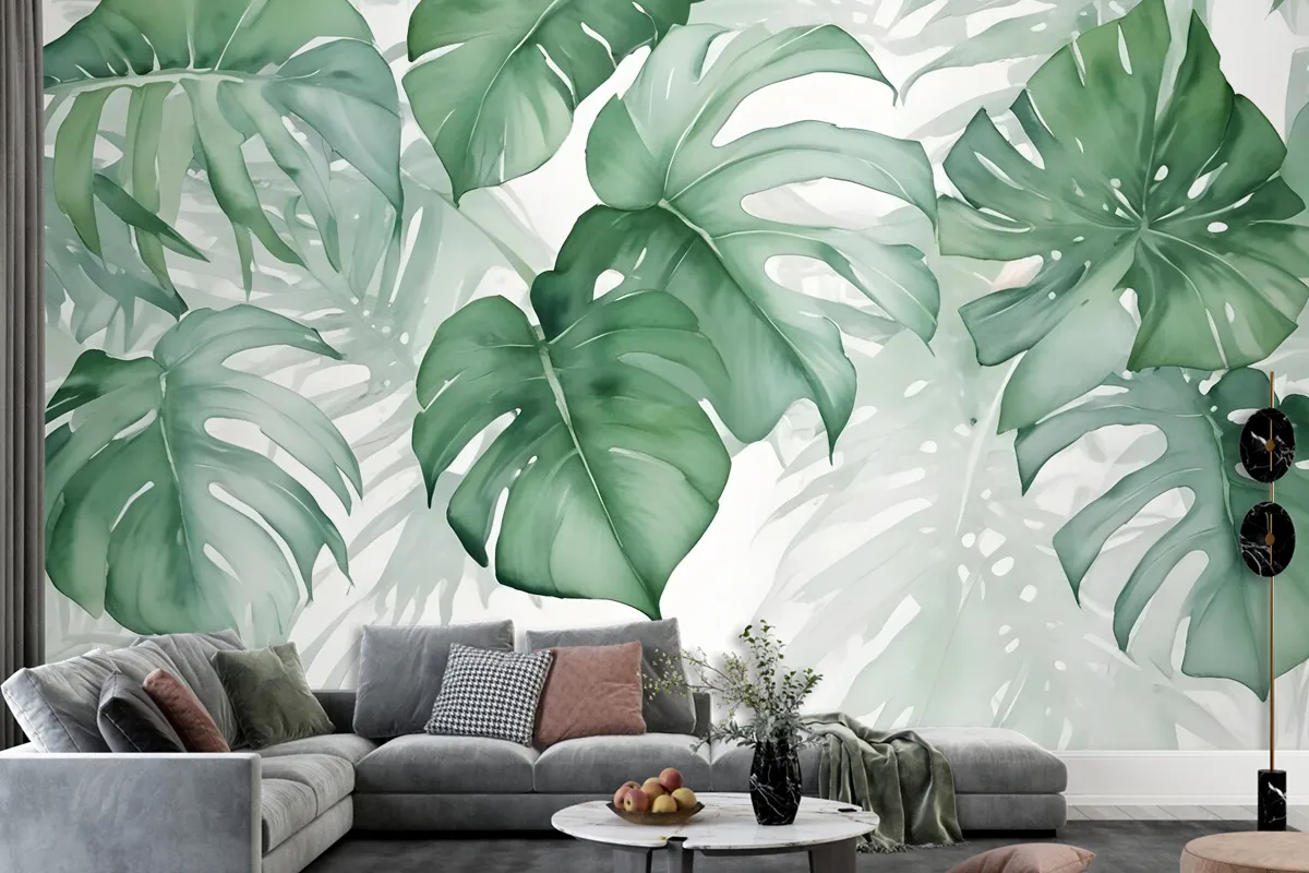 Light Green Tropical Leaves Wallpaper Mural