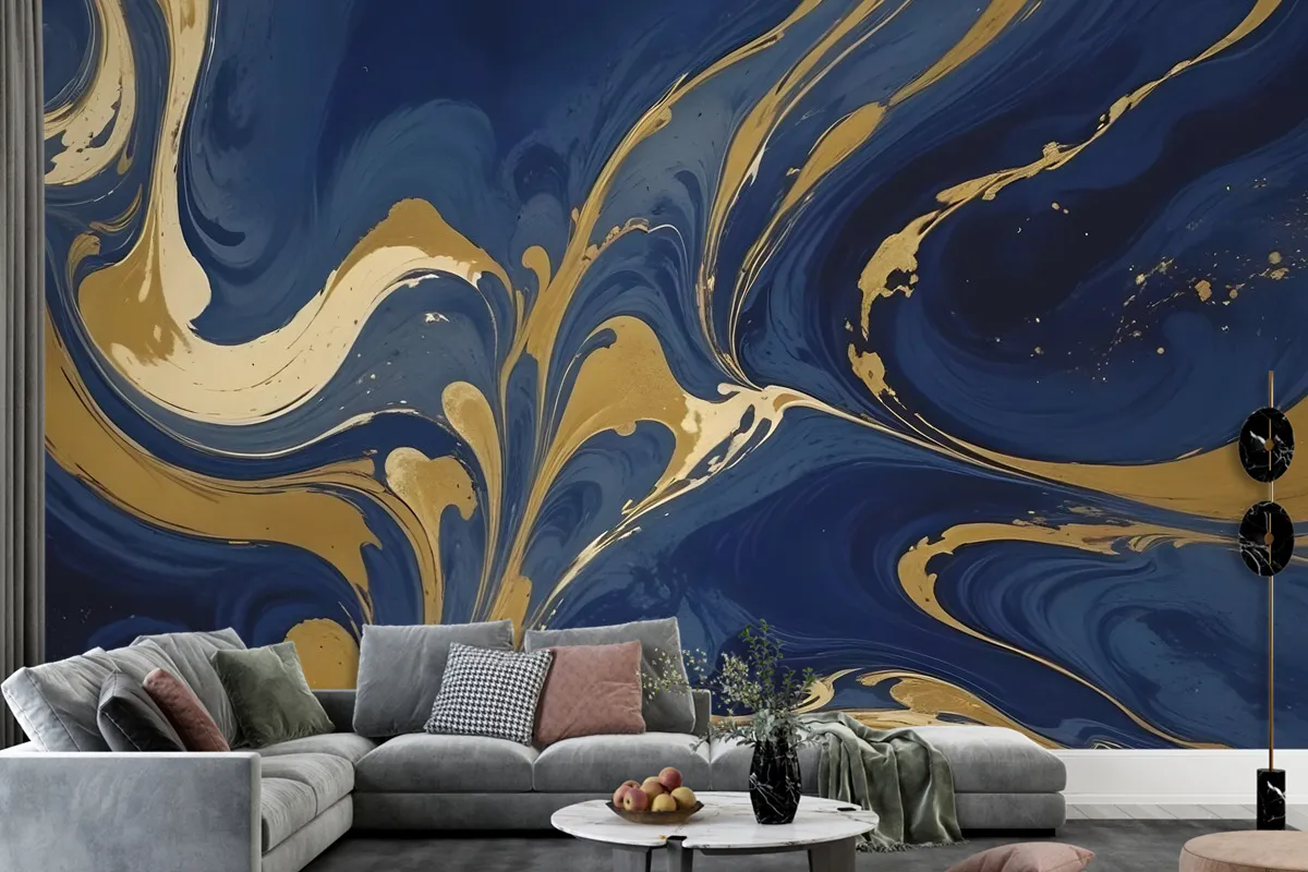 Liquid Abstract Marble Art Gold Blue Gradient Wallpaper Mural