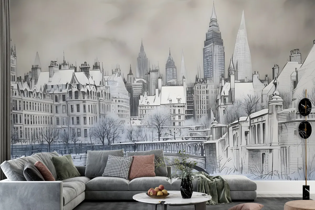 London Charcoal Drawing City Wallpaper Mural