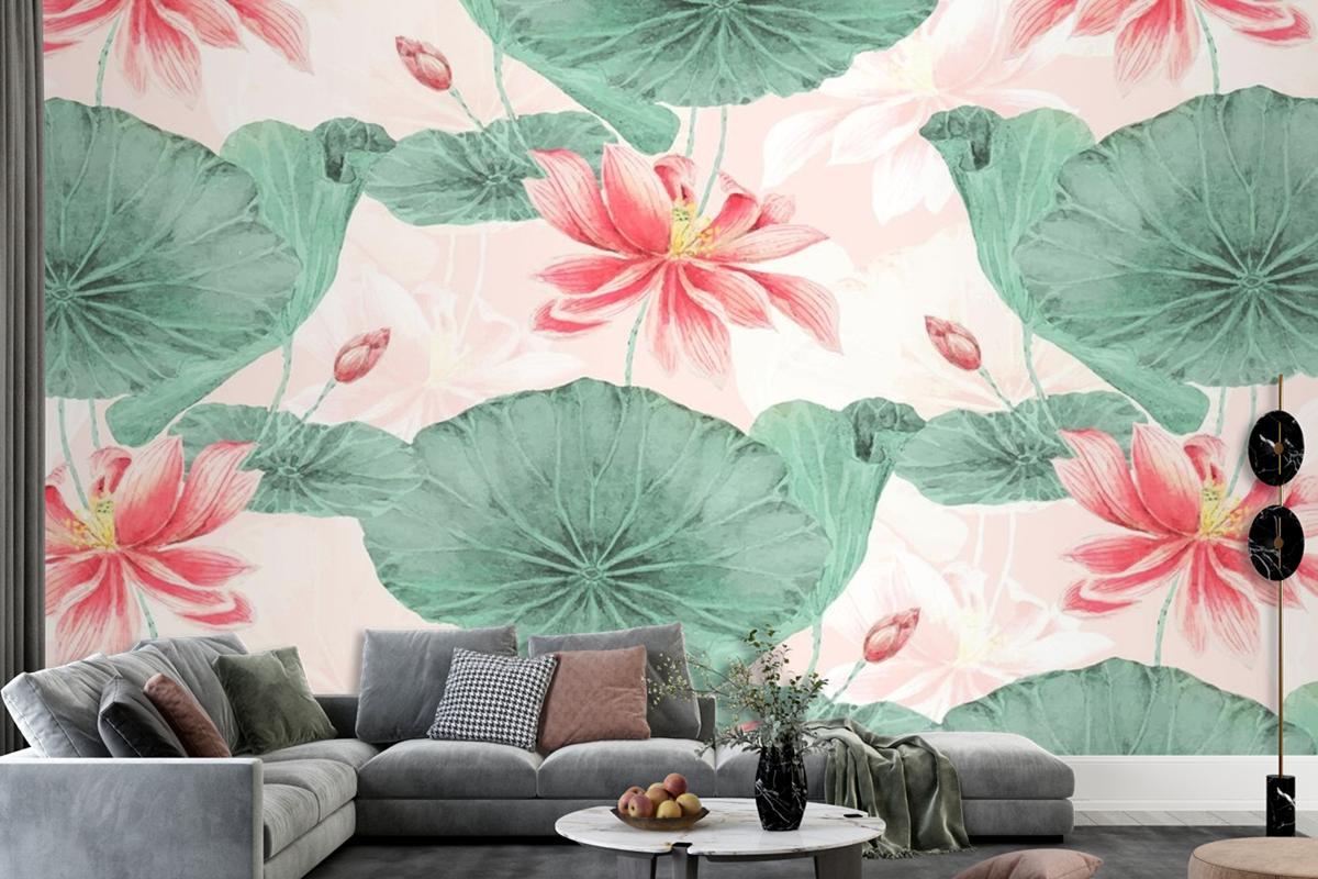 Lotus Pattern Botanical Background Wallpaper Mural