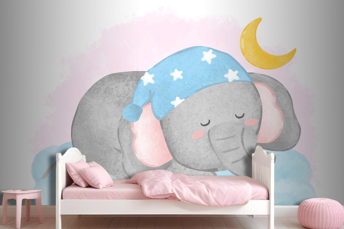 Lovely Elephant Sleeping On The Cloud In Painting Watercolor Wallpaper Mural