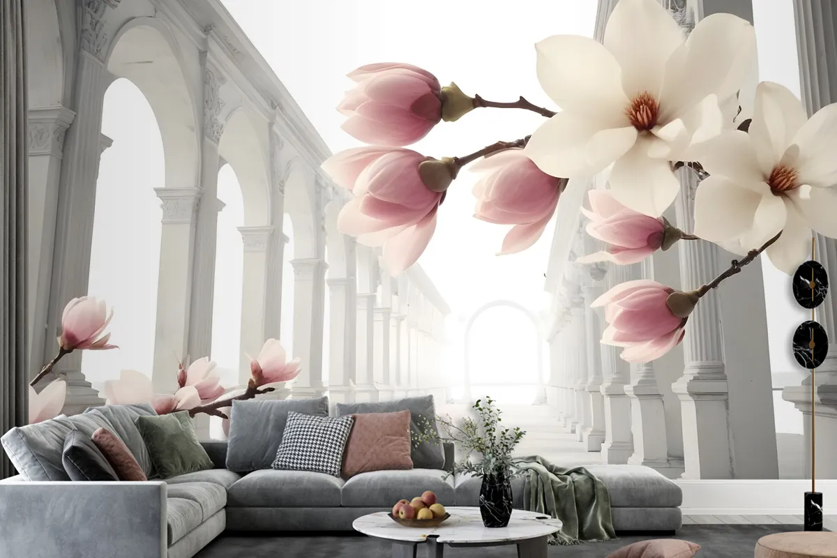 Magnolia Blossom With Column Wallpaper Mural